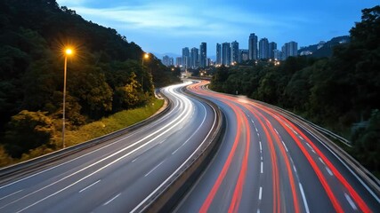 Twisting highway at dusk with streaks of vehicle lights, city skyline emerges behind lush green forested hills, conveying speed and urban growth.