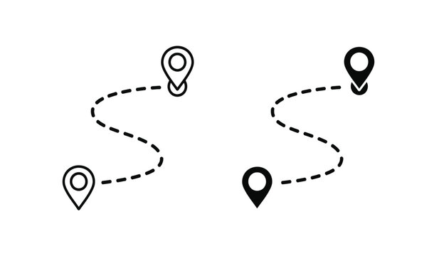 A black and white illustration of a winding dotted line with location markers on a pure