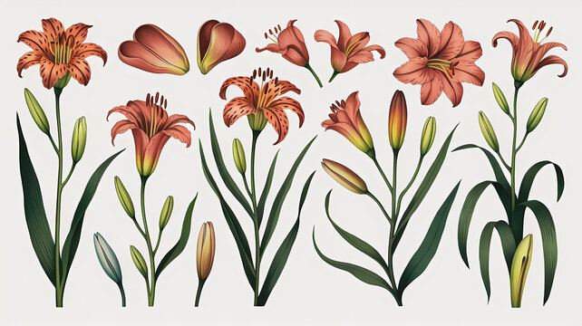 Seamless pattern of tiger lily flowers sticker on abstract white background, graphic design illustration 