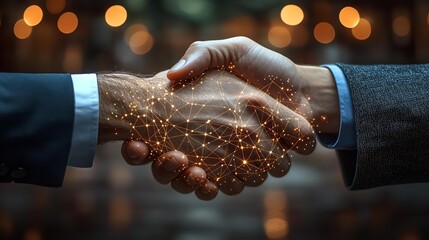 Closeup of business partners' shaking hands with double exposition of network connection