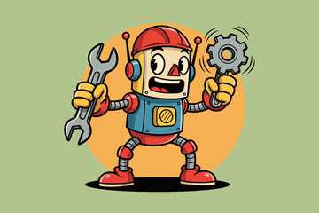 Obraz premium Retro Robot Character Holding Wrench and Gear.