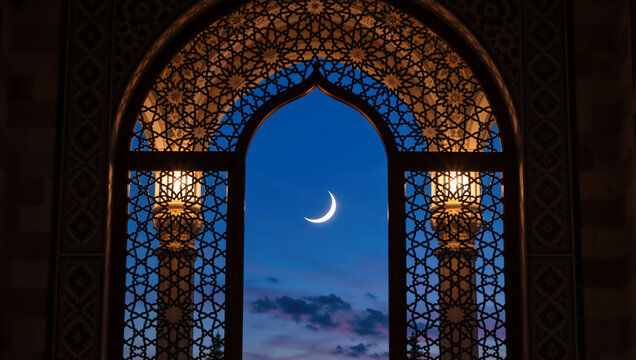 Arched window with islamic geometric patterns. Crescent moon in twilight sky. Ramadan and eid celebration concept
