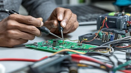 Man repairing electronic circuit board on the table