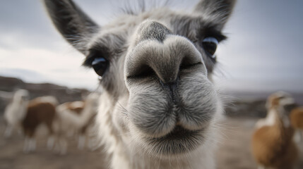 Obraz premium Close-up of a white llama with long ears in a desert setting