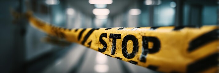A stop tape is hanging in a hallway.