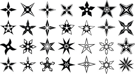 Mega Collection of Black Star Silhouettes and Ninja Shuriken Icons with Various Geometric Shapes and Throwing Stars Isolated on White Background for Graphic Design Elements © Hadiul