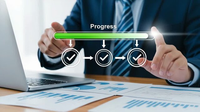 Businessman tracking progress and achieving objectives with a clear path to success motion animated video.