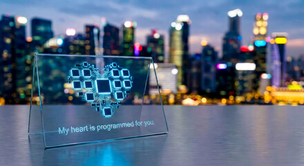 A transparent acrylic stand on a metal table with a digital circuit heart and a romantic text message.
