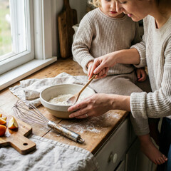 Senior woman and little girl whisking flour in bowl on kitchen counter by the window.