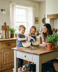 Young woman and two small children mixing batter in glass bowls on kitchen table.
