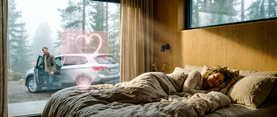 A man, leaving his country house, leaves a holographic romantic message for his sleeping girlfriend. Smart home and Valentine's Day concept