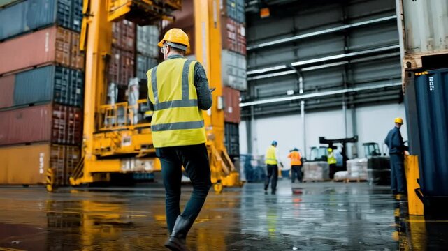 Medium shot of a logistics manager coordinating shipment schedules on a digital tablet in a warehouse hub under bright fluorescent lighting.