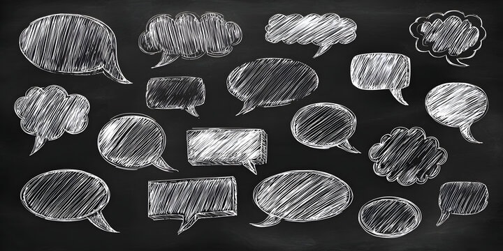 Hand drawn crayon speech balloons comic text bubbles sketchy on white paper creative communication concept minimal illustration