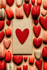 Blank craft paper envelope surrounded by red hearts and macaron cookies on brown surface.
