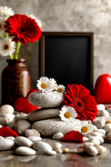 Still life with stack of grey rebbles with white daisy and red gerbera flower near empty blackboard.