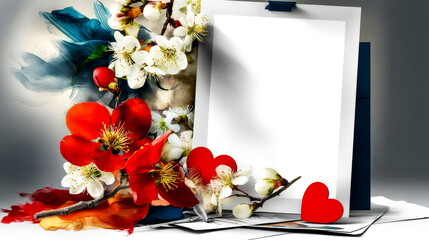 Blank white paper card placed among red flowers and white blossoms with red hearts.