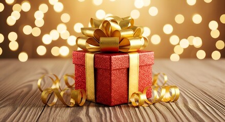 Red gift box with gold ribbon and bow on wooden table featuring festive bokeh lights background for holiday celebration christmas birthday or anniversary present preparation with curly gold strands