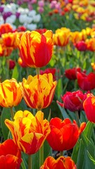 A field brimming with vibrant tulips in shades of red, yellow, and white under soft sunlight, creating a colorful bloom