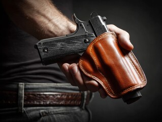 Obraz premium Man pointing handgun at viewer, danger concept