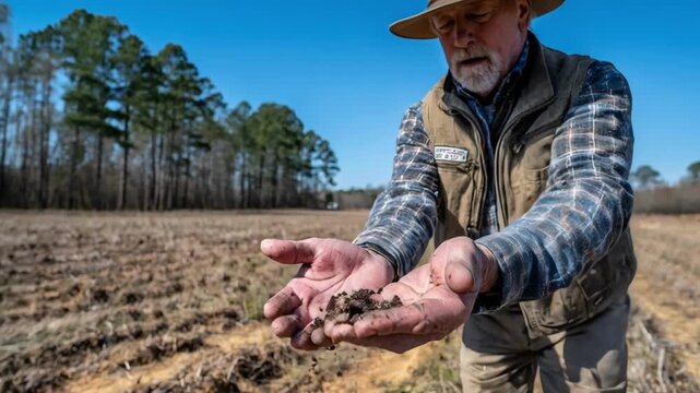 Footage of hands spreading chunky pine biochar over farmland illustrating carbonrich soil additive supporting longterm soil fertility.