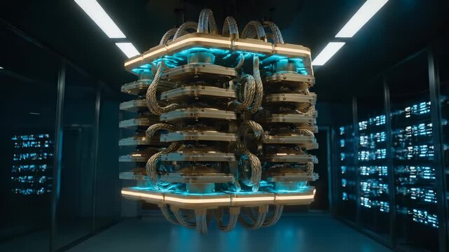 Quantum computer processor rotates with cable connections in datacenter. Futuristic quantum hardware glows blue. Server room displays quantum technology. Computer processor with cable system.