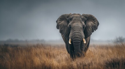 Majestic African Elephant Walking Through Tall Grass on a Misty Day