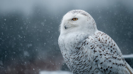Snowy Owl Perched Amid Falling Snow