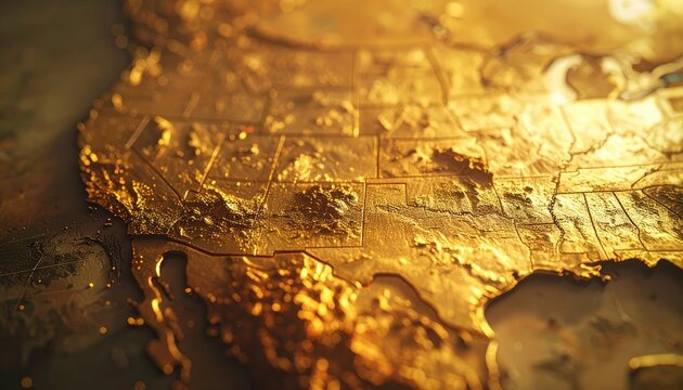 A highly detailed, close-up, golden relief map rendering of the United States.