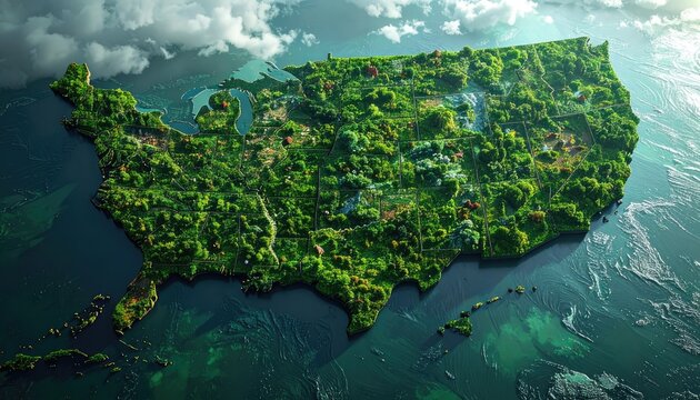 Aerial view of the contiguous United States represented as a lush, three-dimensional green landscape.