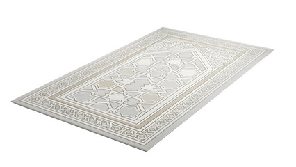 Elegant light gray and white geometric patterned area rug isolated on transparent background