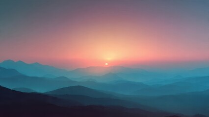Obraz premium Atmospheric Sunset or Sunrise Over Layered Mountain Range with Vibrant Pink and Orange Sky Haze Landscape