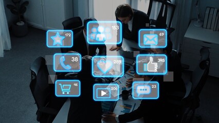 A group of professionals collaborating in a modern office setting, displaying digital elements representing various communication and business metrics for enhanced productivity. Raster
