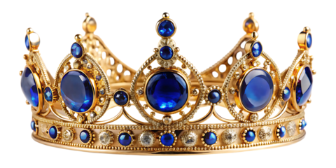 Gold Crown with Blue and Clear Gemstones on White Background isolated on a transparent background