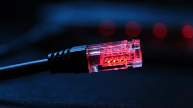 Close up of a red Ethernet cable connector with blurry red lights in the background, symbolizing network connection and data transfer.