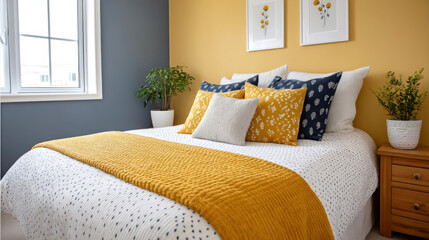 Modern bedroom design with bold accent wall and statement wallpaper