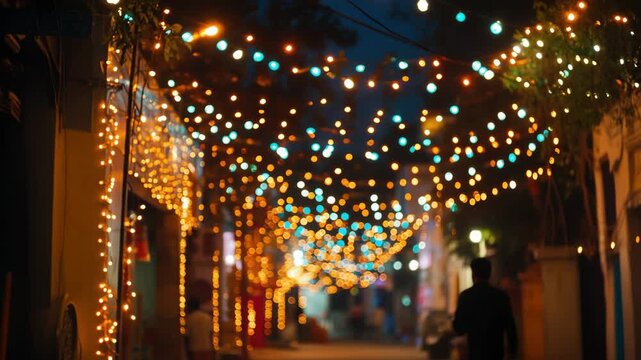 Colorful strings of light decorate the nighttime street and buildings, creating a festive ambiance.