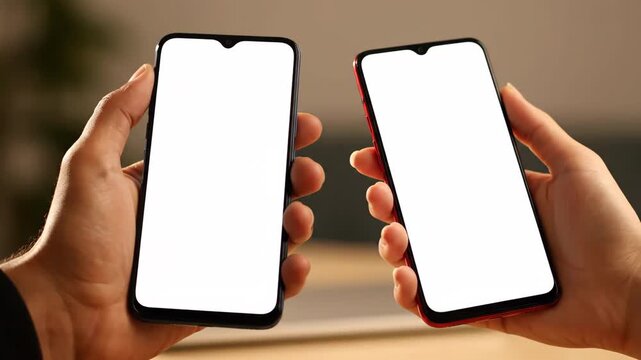 Two hands hold smartphones with blank white screens, perfect for mockups and digital content.