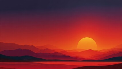 Minimalist Abstract Landscape: Dramatic fiery red and orange sunset over layered mountain silhouettes and desert terrain, featuring a large setting sun