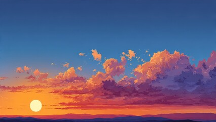 Fototapeta premium Vibrant Twilight Sky Anime Style Digital Painting Dramatic Sunset Clouds and Sun Over Layered Mountains Horizon Background