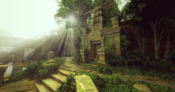 Sunlight streams through dense foliage onto a weathered temple adorned with intricate carvings. The surrounding area is lush, with stones partially concealed by vibrant vegetation.