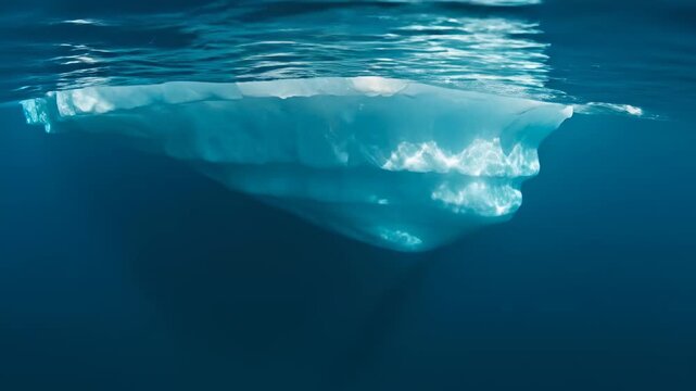 Underwater view of a large iceberg floating in deep blue arctic ocean water. Light reflects off the submerged ice. A cold, pristine environment.