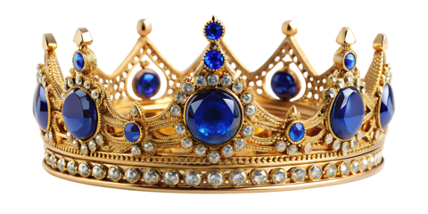 Golden crown with blue jewels and white diamonds on white isolated on a transparent background
