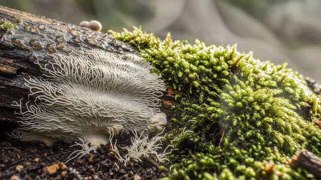 White fungus and vibrant green moss grow on a damp forest log. Intricate fungal patterns are visible with water droplets on the bark. Mist gently rises.