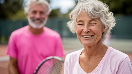 Two seniors participate in tennis at an outdoor court. One smiling woman wears a light pink shirt while holding a racket. A man stands behind smiling, showing energy and spirit. - Powered by Adobe
