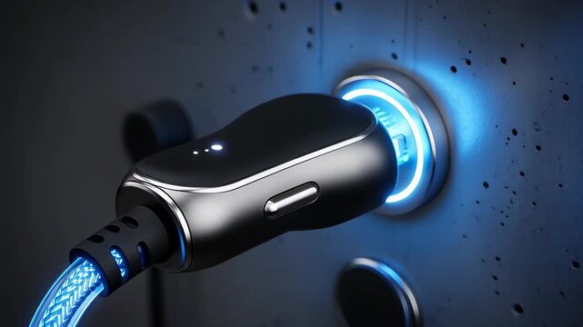 Sleek metallic charger plug connecting to a textured concrete wall socket with glowing blue light in a cinematic 3D animation, illustrating electric power and energy efficiency concepts.