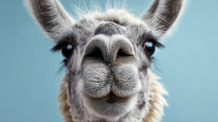Obraz premium Close-Up of Llama with Expressive Eyes Against Blue Sky
