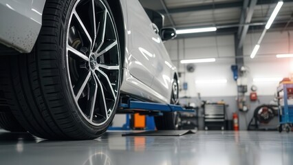 Fototapeta premium Close up of a car on a hydraulic lift in a professional auto repair shop