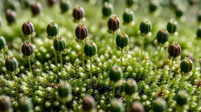 Green moss growing with sporophytes. Tiny spore capsules emerge from the vibrant carpet. Macro shot of botanical texture.