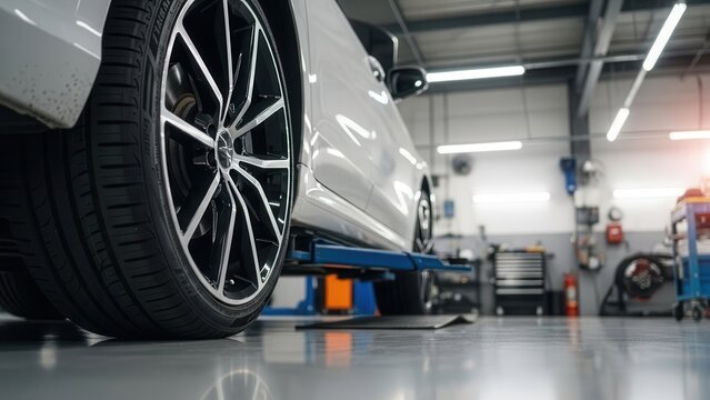 Close up of a car on a hydraulic lift in a professional auto repair shop