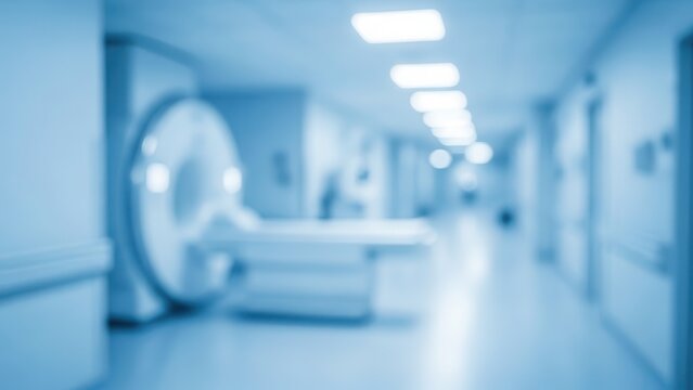 Blurred image of a modern hospital corridor with magnetic resonance imaging (MRI) scanner machine